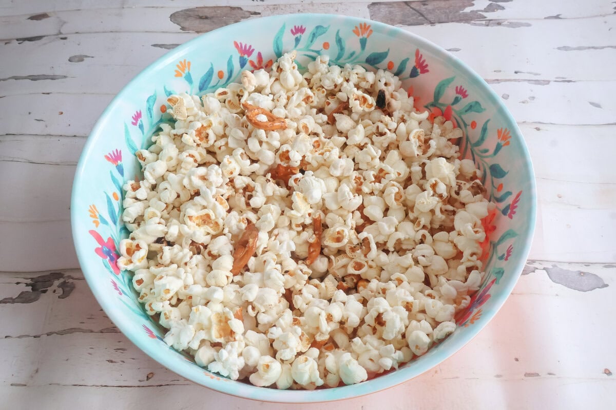 bowl of popcorn and pretzels.
