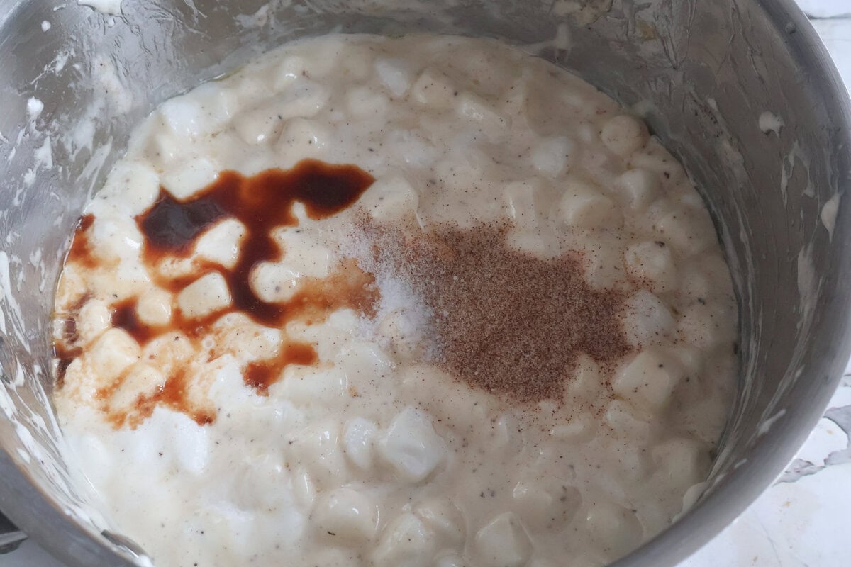 melted marshmallow mixture with vanilla and cinnamon sugar.