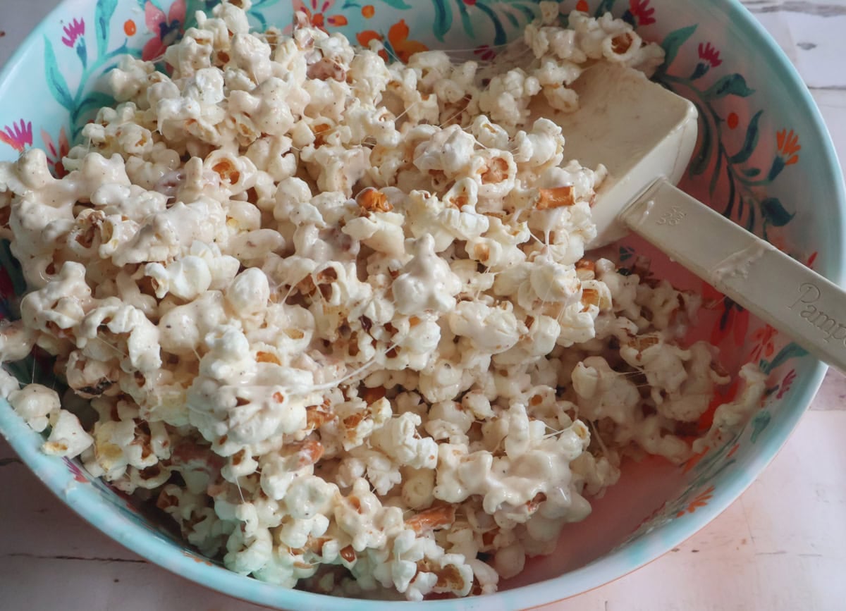marshmallow mixture in the popcorn.