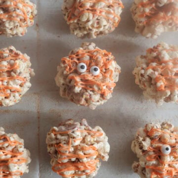 decorated brown butter popcorn balls.