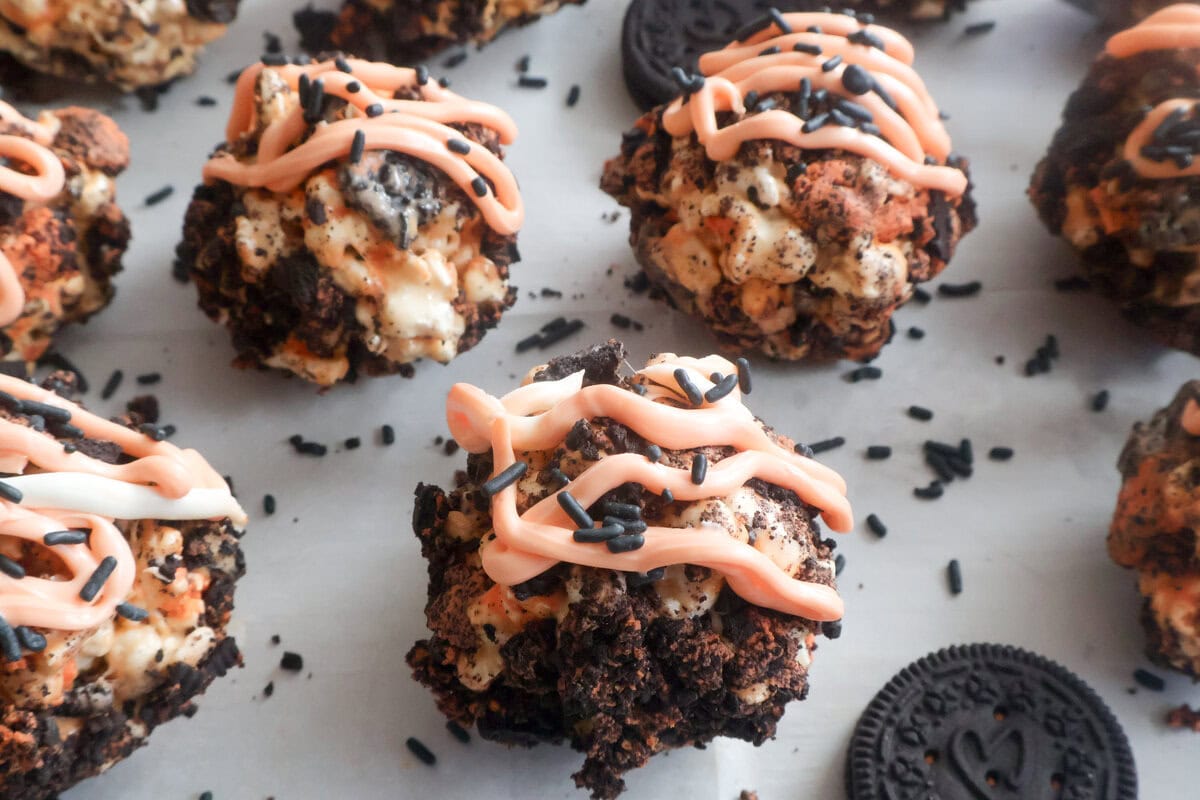 cookies and cream popcorn balls with icing.