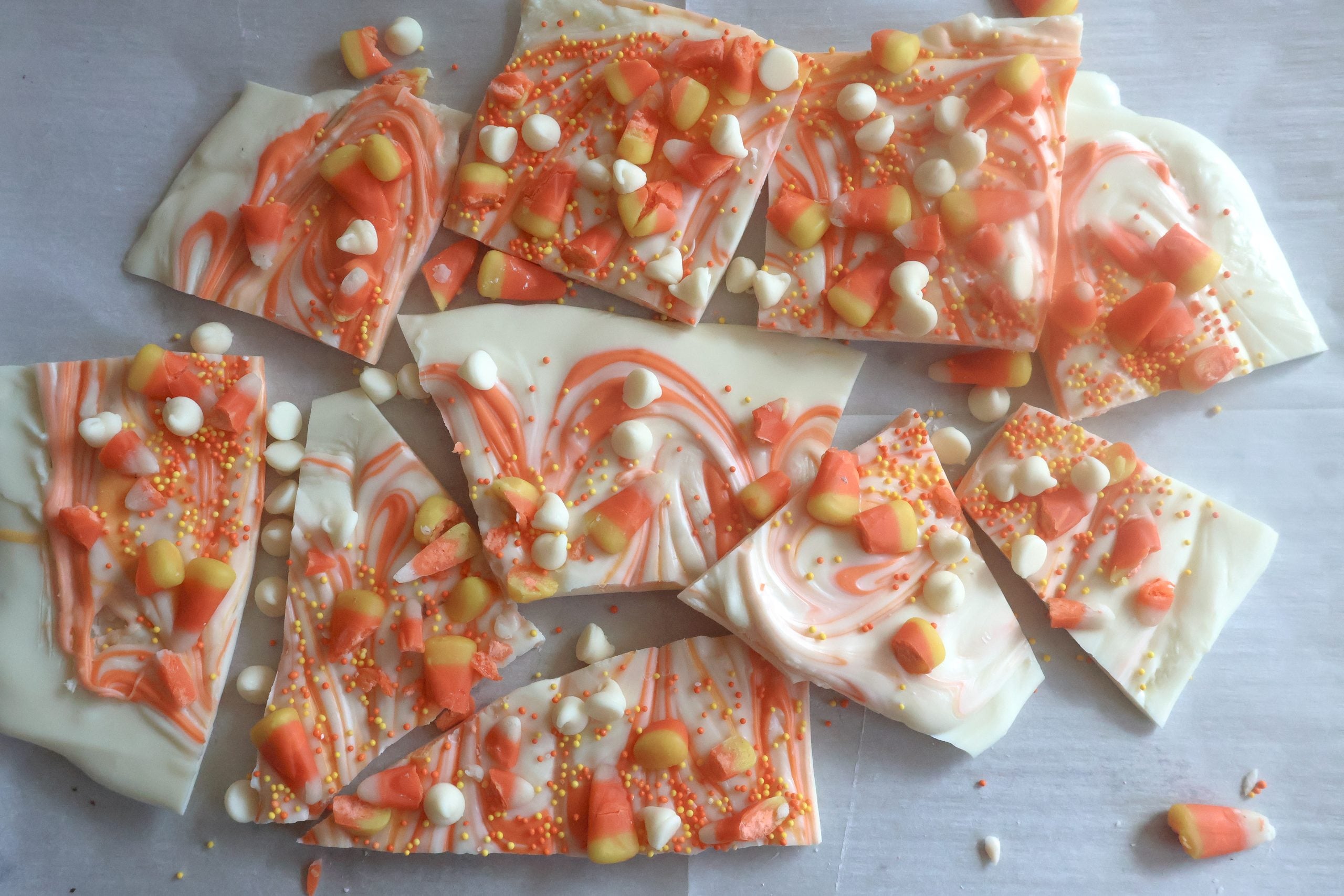 candy corn bark broken into pieces.